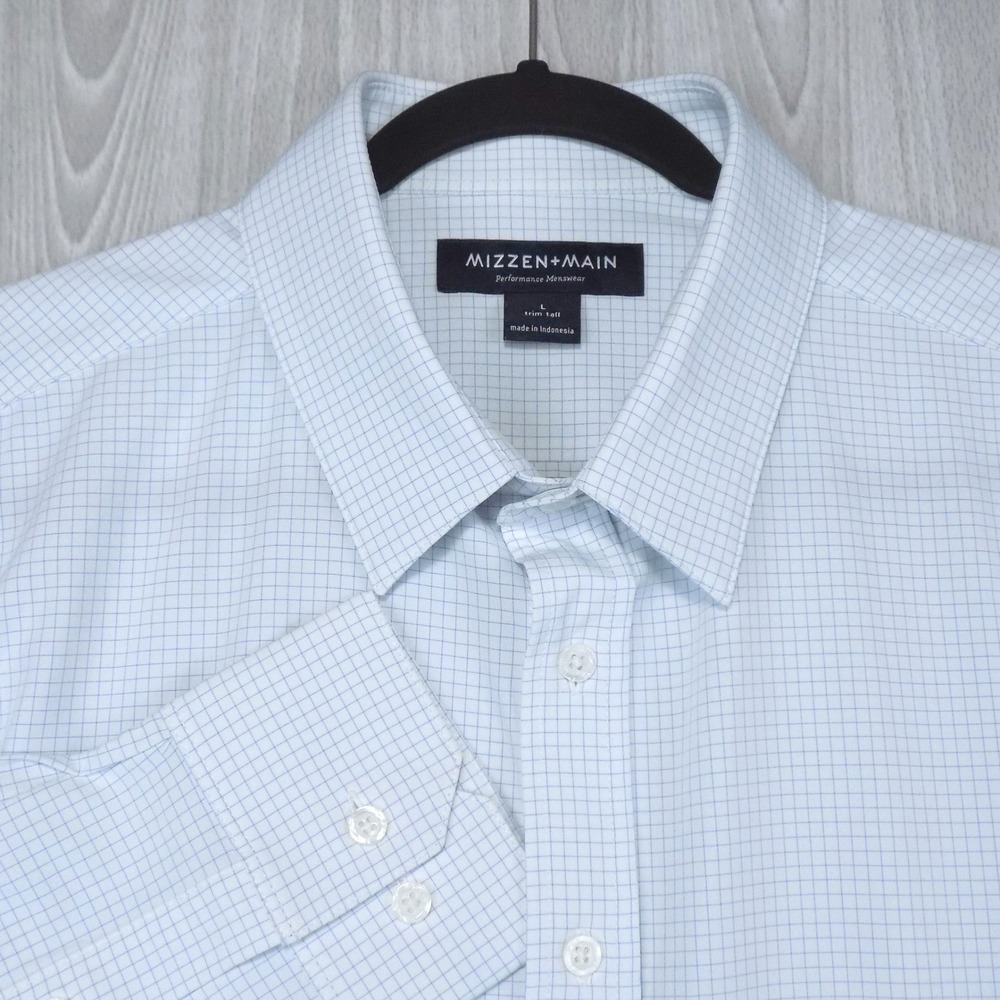 Mizzen+Main Leeward Shirt Mens L Tall Blue White Grid Stretch Performance